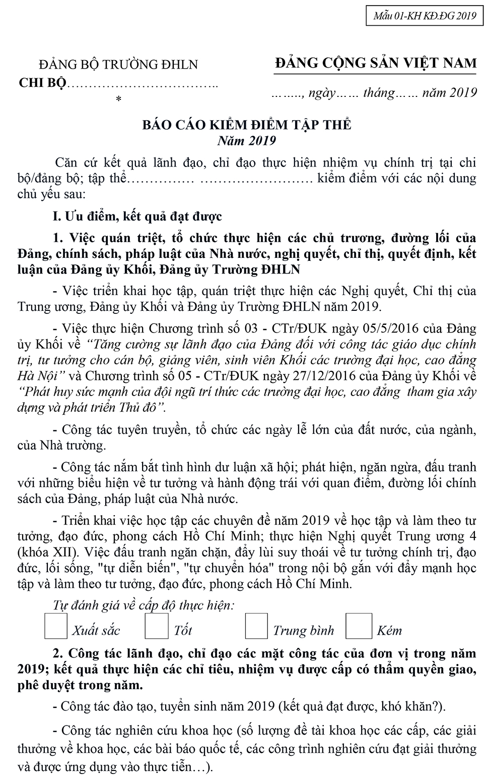 Các Mẫu biểu kiểm điểm, đánh giá, xếp loại chất lượng tổ chức Đảng ...